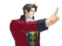 a pixel art of a man in a red suit pointing up