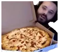 a man with a beard is eating a pizza from a box .