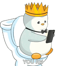 a penguin wearing a crown and a bow tie is sitting on a toilet holding a cell phone .