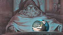a painting of a man with a beard sitting in front of a globe that says ' emperor ' on it