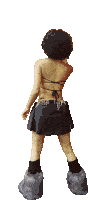 a woman in a black skirt and furry boots