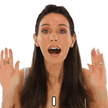 a woman with a surprised look on her face has the letter o in the corner of her mouth