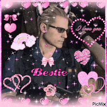 a picture of a man with a cat ear headband and the words bestie on the bottom