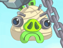a cartoon pig with a sad face is hanging from chains