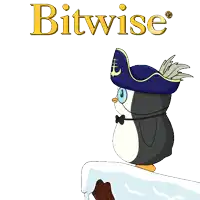 a penguin wearing a pirate hat is holding a gold pyramid with the word bitwise written above it