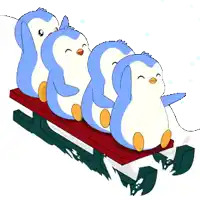 a group of penguins are sledding down a snow covered hill