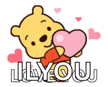 a winnie the pooh holding a pink heart with the words i love you written below him