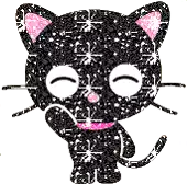 a black cat with pink ears and a pink bow on its neck