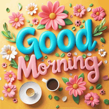 the word good morning is surrounded by pink and blue flowers