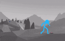 a blue stick figure is walking on a rocky hillside with mountains in the background