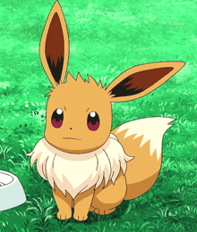 a cartoon eevee is sitting in the grass with a tv tokyo logo behind it