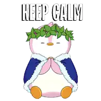 a penguin with a crown of leaves on its head and the words " keep calm " below it