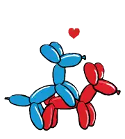 a blue balloon dog and a red balloon dog with hearts above them