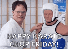 a man in a karate uniform is putting a helmet on a mannequin and says happy karate chop friday .