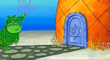 a cartoon character is standing in front of a spongebob house .