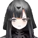 a close up of a girl 's face with long black hair and a triangle on her head .