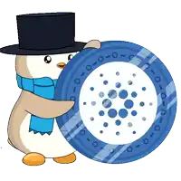 a penguin wearing a top hat and scarf is holding a large blue coin