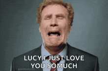 a man in a suit and tie is crying with the words lucy i just love you so much above him