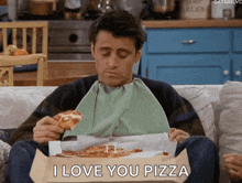 a man is sitting on a couch eating pizza and saying i love you pizza