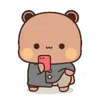 a cartoon teddy bear is holding a cell phone in its mouth .