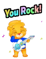 a cartoon of a cat playing a guitar with the words " you rock " behind him