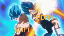 a cartoon of goku and vegeta with the words adam kofi on the bottom right
