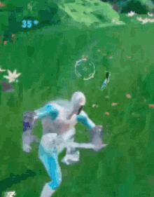 a video game character is standing in the grass holding a sword and a sword .