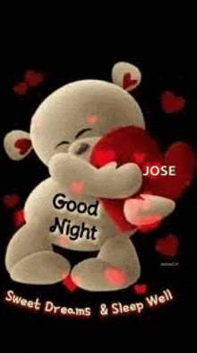 a teddy bear is hugging a heart with the words `` good night sweet dreams & sleep well '' written on it .