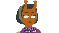a cartoon character with horns is asking do you care to join me