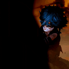 a cartoon character with blue hair is holding a blue object
