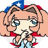 a pixel art drawing of a girl with an american flag background