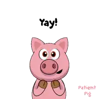 a cartoon pig with its fist in the air and the words yay above it