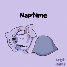 a cartoon of a llama sleeping under a blanket with the caption naptime