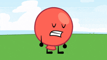a red balloon with an angry face is standing on a green field