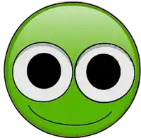 a green smiley face with two white eyes and a smile