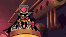 a cartoon character is holding a microphone with the letter t on his hat