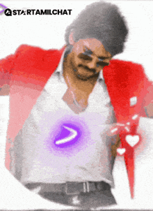 a man in a red jacket and white shirt is holding a red heart and a purple circle with the letter d in it