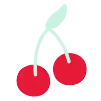 a pair of cherries with a green stem and leaves