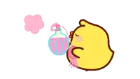a cartoon chicken is holding a bottle of perfume