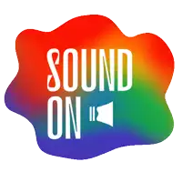 a colorful sticker that says sound on with a speaker
