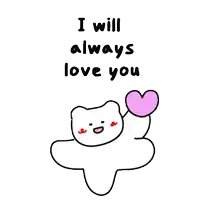 a cartoon of a cat holding a pink heart with the words `` i will always love you '' .