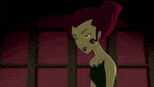 a cartoon character with red hair and green eyes stands in front of a window