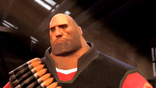 a bald man with a beard is wearing a red shirt and a black vest