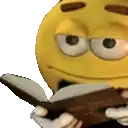a yellow smiley face is reading a book with a serious look on his face .
