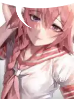 a close up of a girl with pink hair and a speech bubble above her head